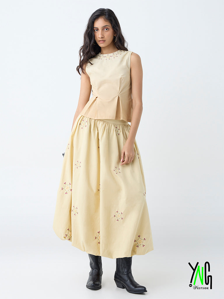 Bombay Paisley Beige Embroidered Cotton Peplum Top