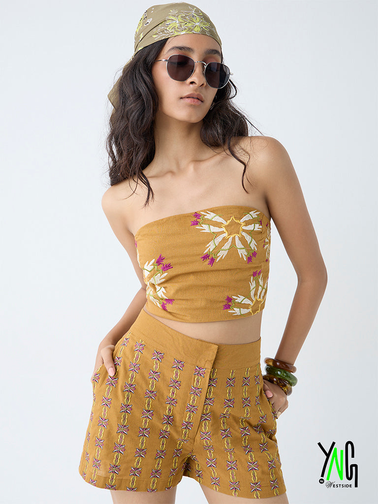 Bombay Paisley Mustard Embroidered Cotton-Blend Tube Top