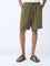 ETA Olive Solid Relaxed-Fit Mid-Rise Cotton-Blend Shorts