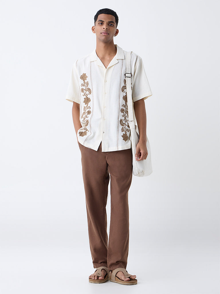 ETA Off-White Floral Embroidered Relaxed-Fit Cotton Shirt