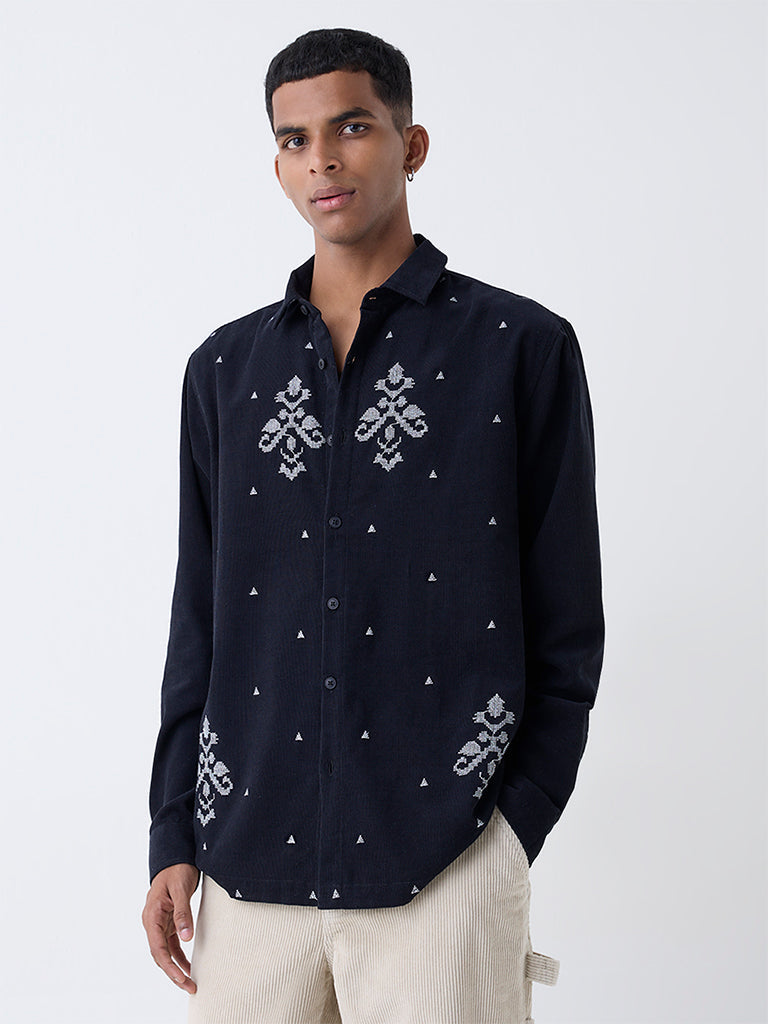 ETA Black Embroidered Relaxed-Fit Cotton Shirt