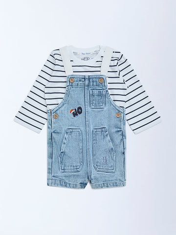 HOP Baby Blue Denim Dungaree with T-Shirt Set