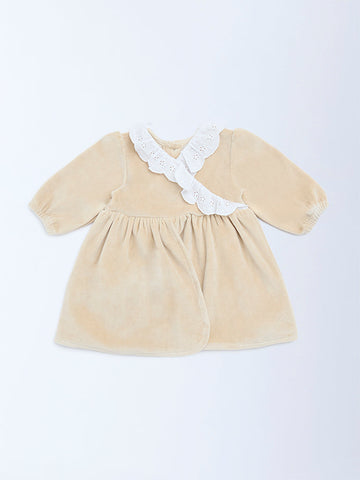 HOP Baby Beige Schiffli Detailed Cotton-Blend A-Line Dress