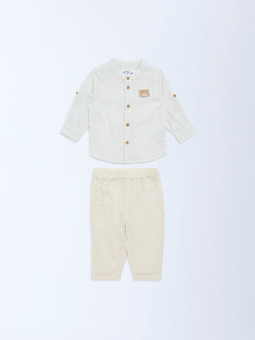 HOP Baby Beige Checkered Cotton-Blend Shirt and Pants Set