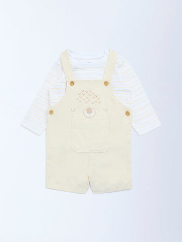 HOP Baby Beige Corduroy Cotton Dungaree with T-Shirt Set