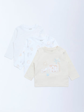 HOP Baby Beige Printed Cotton T-Shirts - Pack of 3