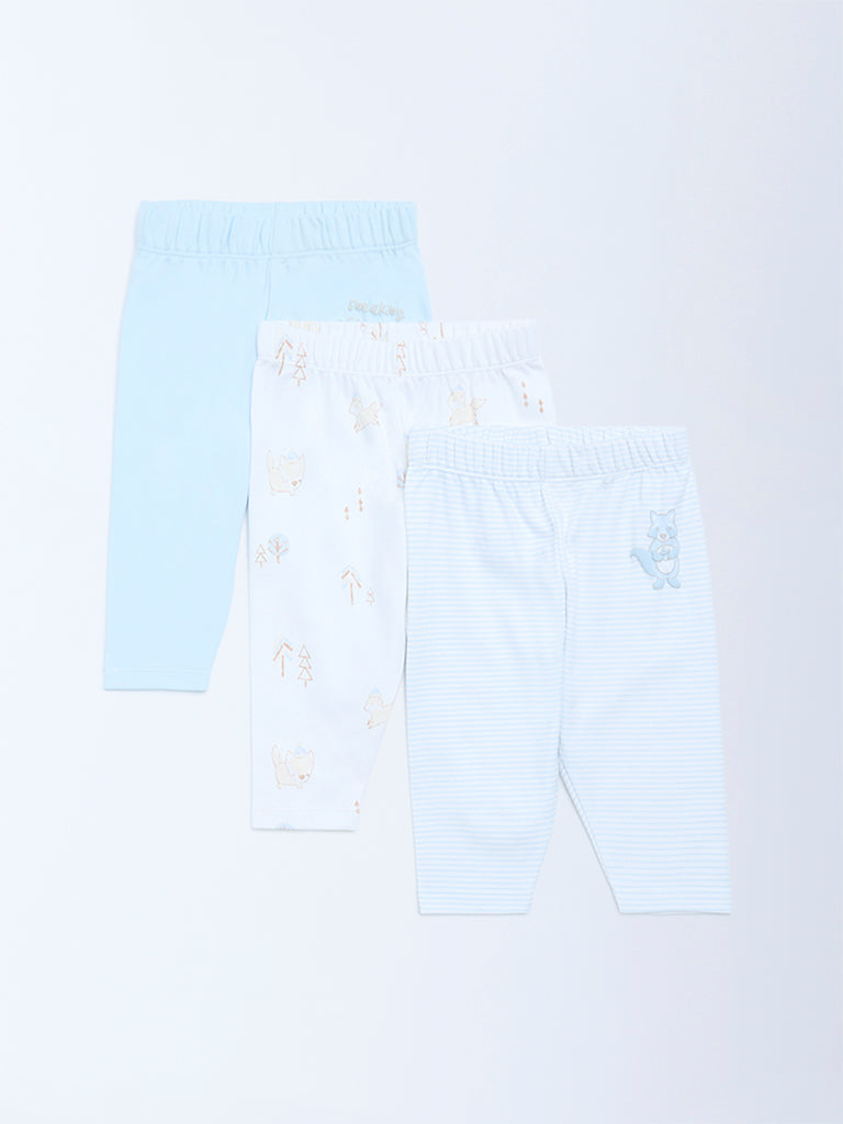 HOP Baby Blue Printed Mid-Rise Cotton Pants - Pack of 3