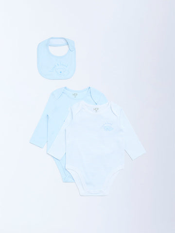 HOP Baby Blue Printed Cotton Rompers and Bib - Pack of 2