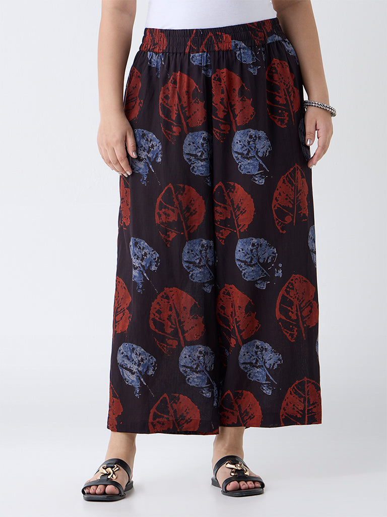 Diza Black Leaf Design Ethnic Pants