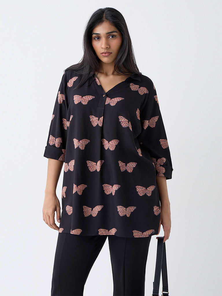 Diza Black Butterfly Printed Tunic