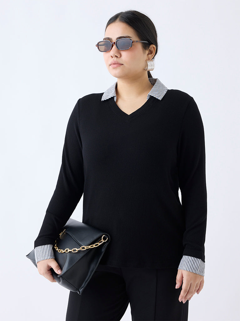 Gia Black Ribbed-Textured T-Shirt