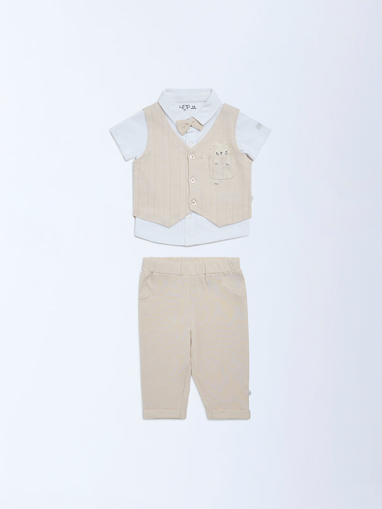HOP Baby Beige Cotton Waistcoat, Shirt and Pants Set