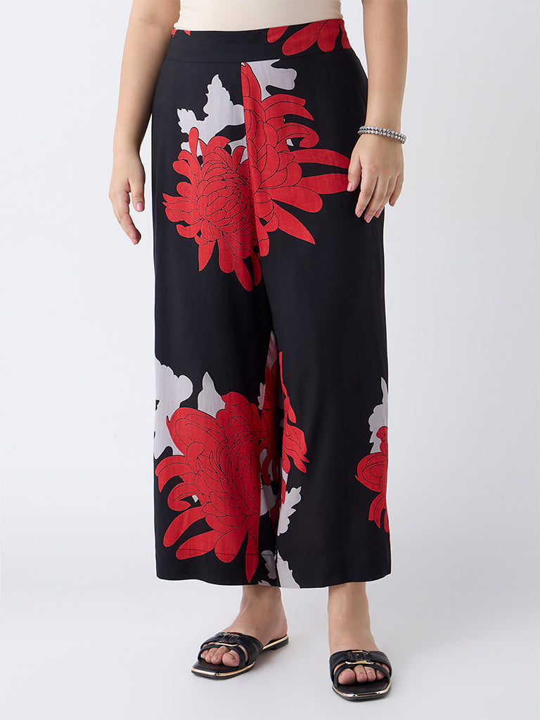 Diza Black Foliage Design Ethnic Pants