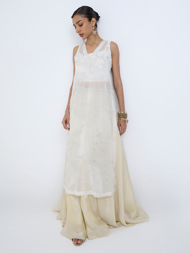 Vark Off-White Floral Embroidered A-Line Kurta with Inner