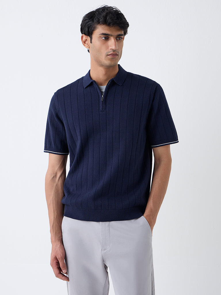 Ascot Navy Relaxed-Fit Cotton-Blend Quarter-Zip Polo T-Shirt