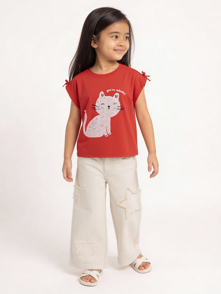 HOP Kids Girls Red Embellished Cotton T-Shirt