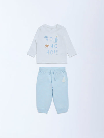 HOP Baby Blue Christmas-Themed Cotton T-Shirt and Joggers Set