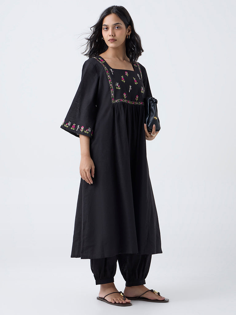 Utsa Black Floral Embroidered Fit-and-Flare Cotton Kurta