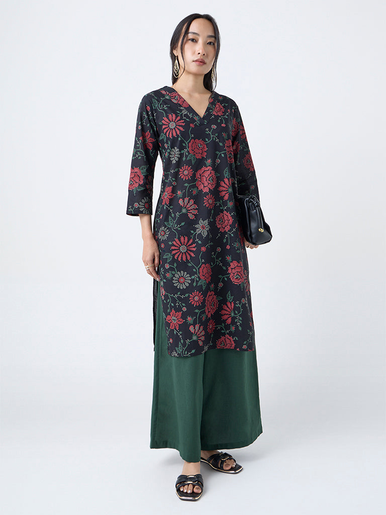 Utsa Black Floral Design Straight Cotton Kurta
