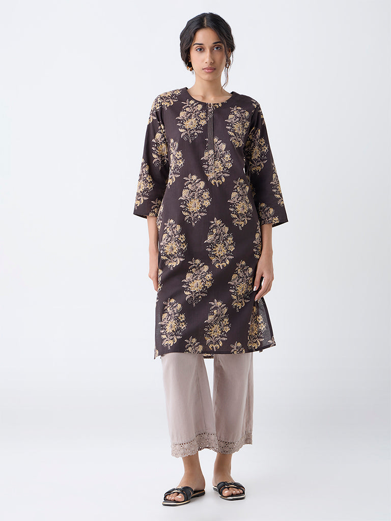 Utsa Dark Brown Foliage Printed Straight Cotton Kurta