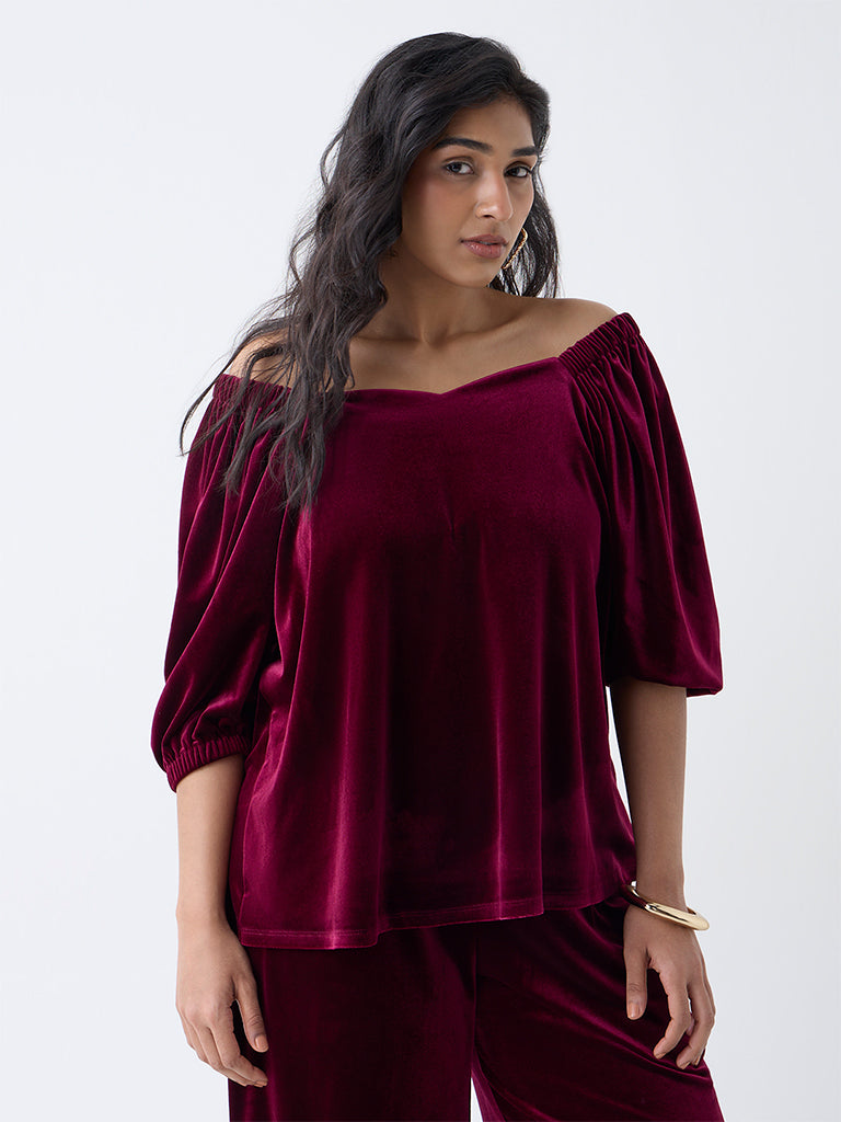 Gia Maroon Off-Shoulder Velvet Top