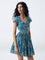Bombay Paisley Blue Floral Printed Cotton A-Line Dress