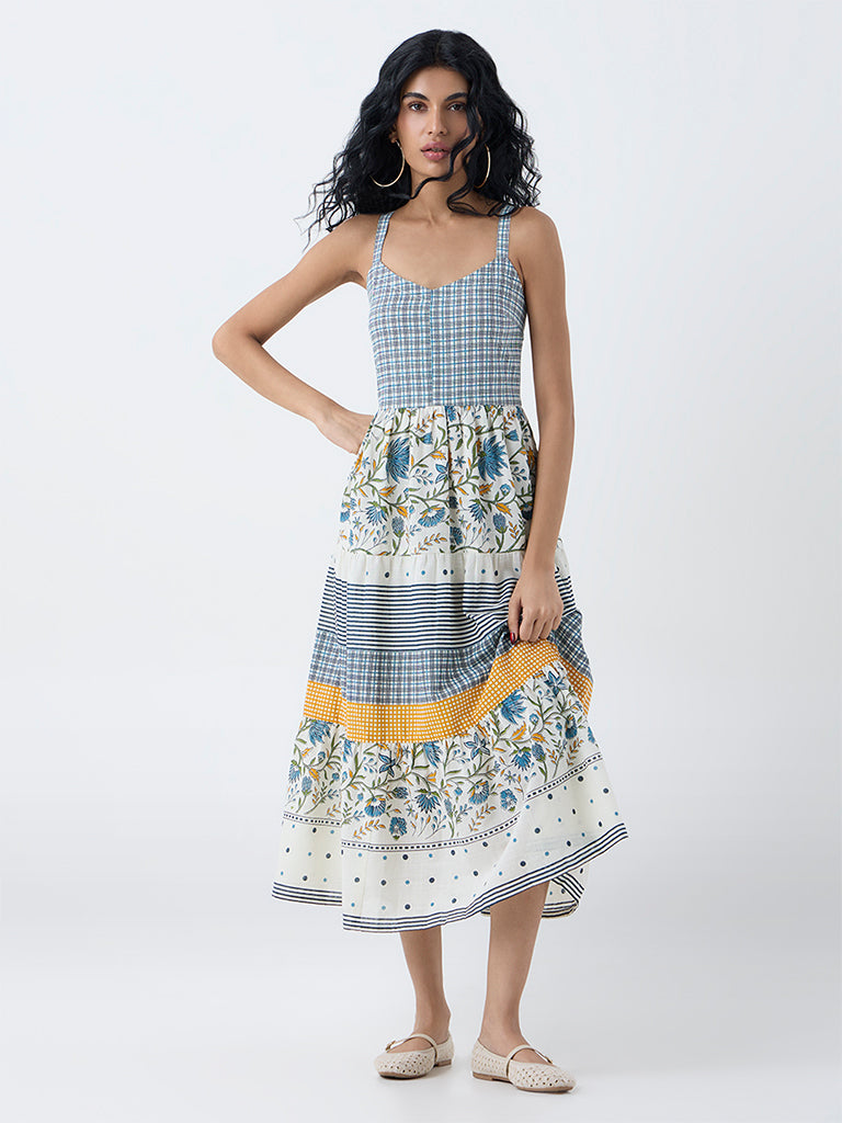 Bombay Paisley Blue Printed Cotton Tiered Dress