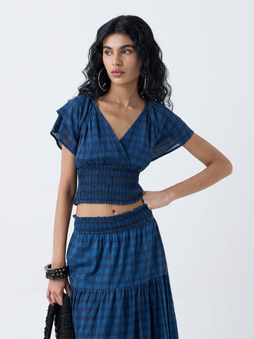 Bombay Paisley Dark Blue Checkered Cotton Top