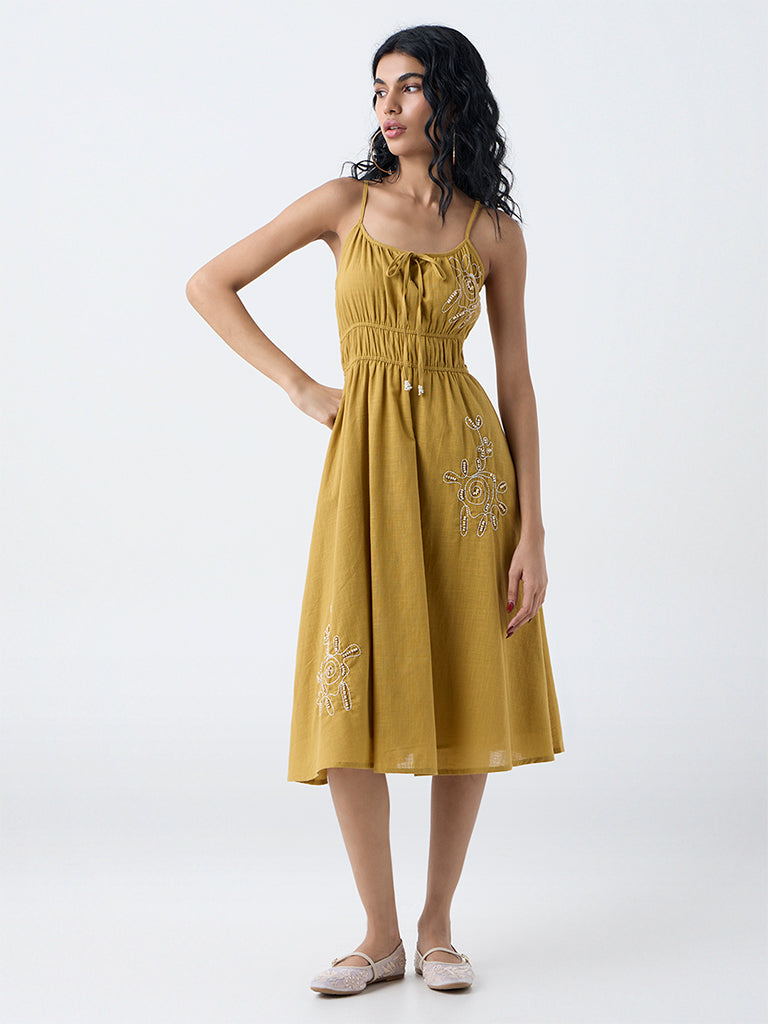 Bombay Paisley Yellow Embroidered Cotton A-Line Dress