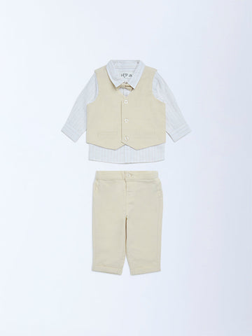 HOP Baby Beige Solid Cotton Shirt, Waistcoat, Pants and Bow Set
