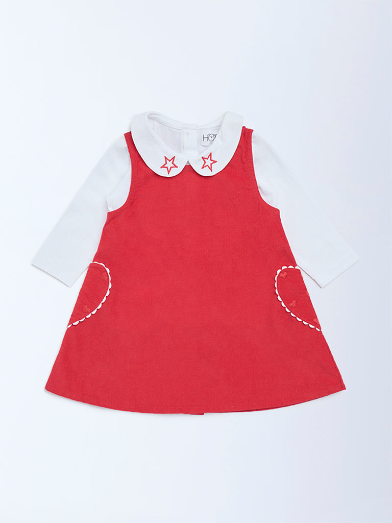 HOP Baby Red Cotton Pinafore and T-Shirt Set