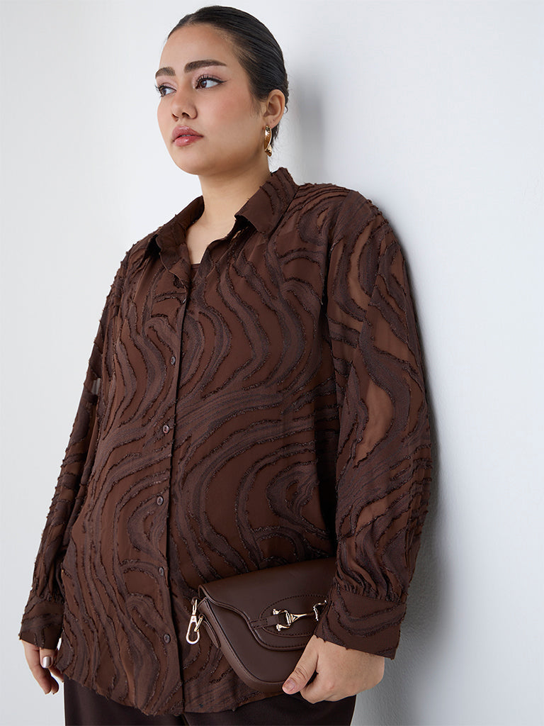 Gia Dark Brown Self-Patterned Shirt with Camisole