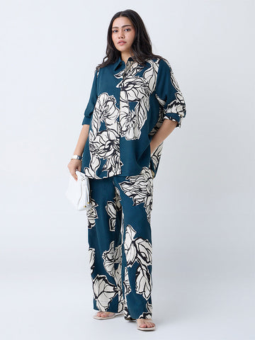 Gia Teal Foliage Printed High-Rise Trousers