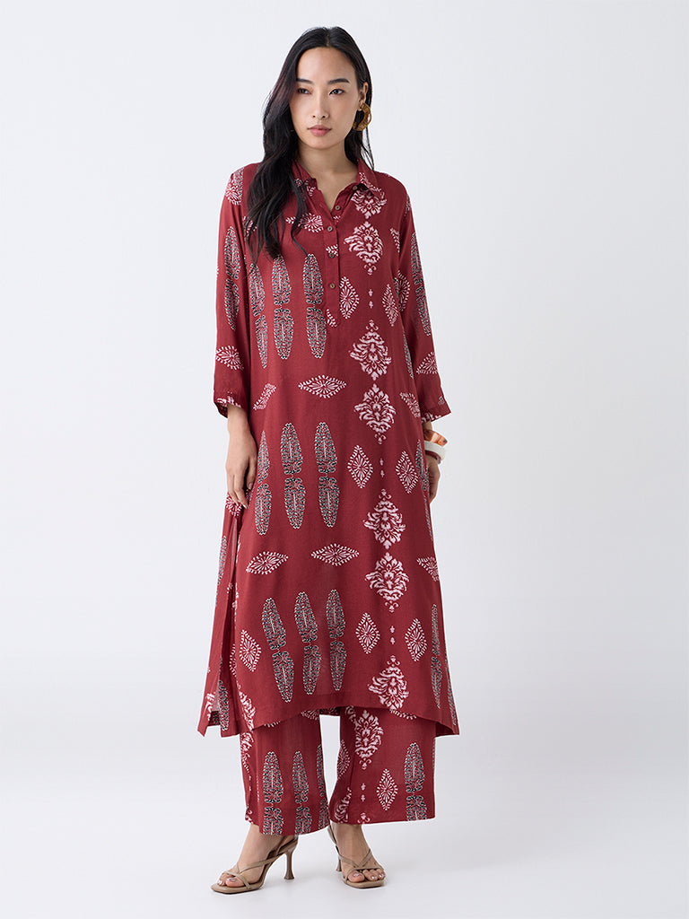 Utsa Red Printed A-Line Kurta