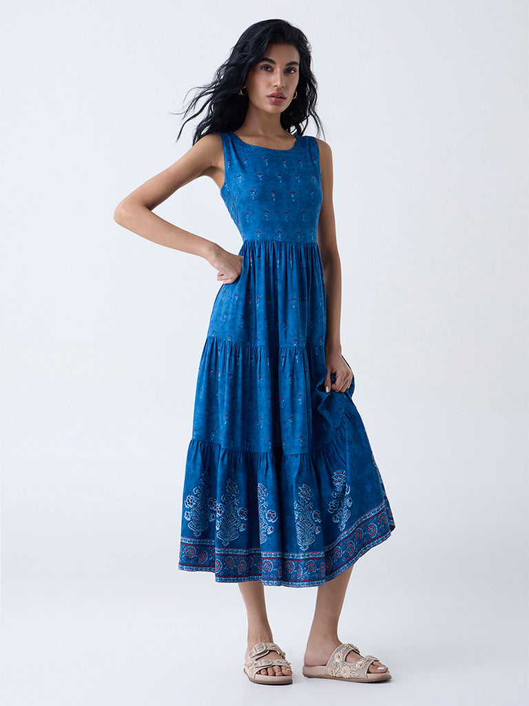 Bombay Paisley Blue Floral Pattern Tiered Dress