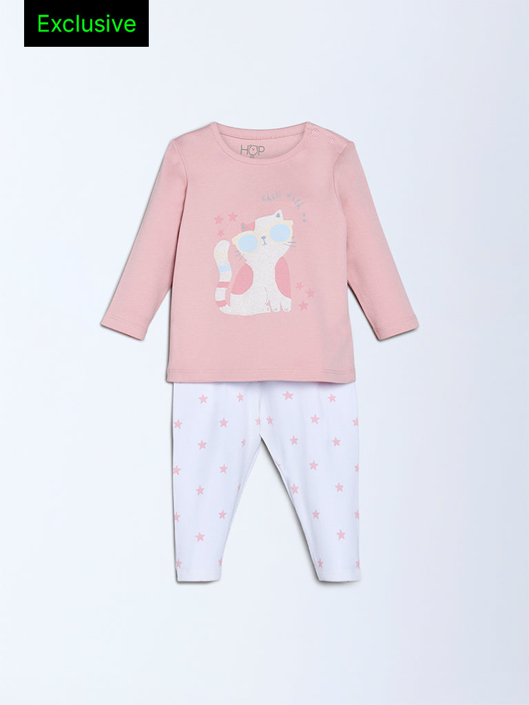 HOP Baby Dusty Pink Cat Printed Cotton T-Shirt and Pants Set - Exclusive