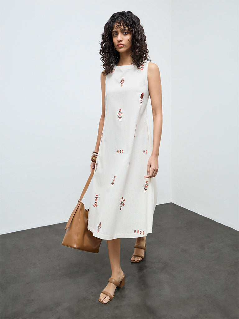 Utsa Off-White Embroidered Straight Cotton-Blend Dress