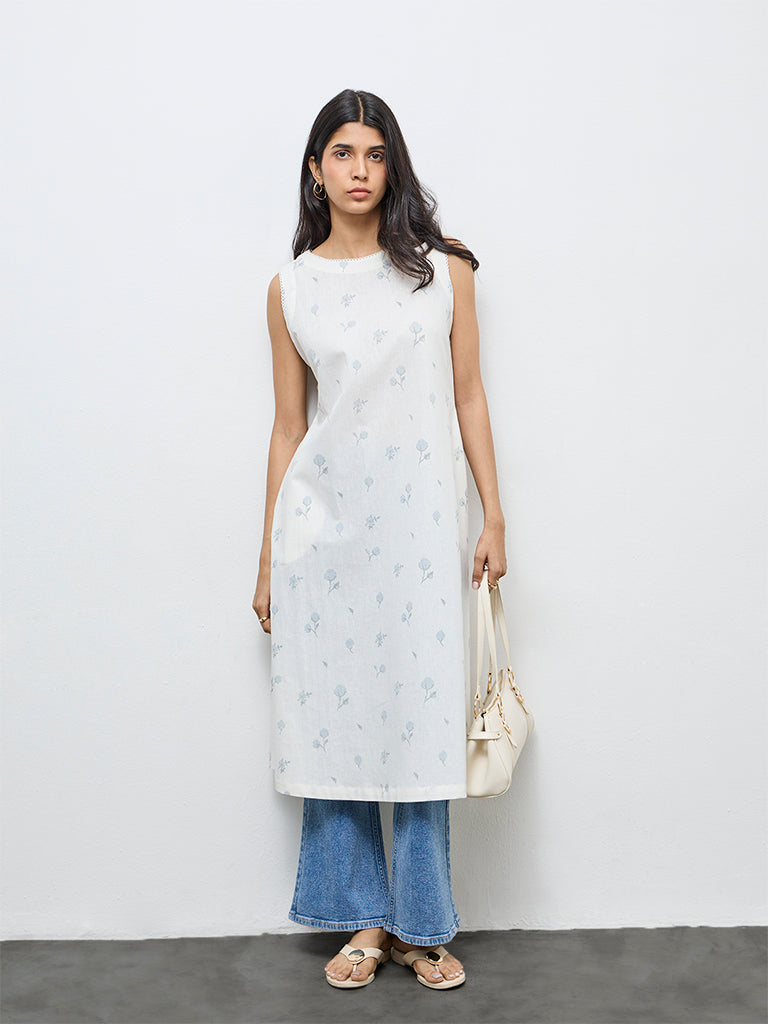 Utsa White Floral Cotton-Blend A-Line Kurta