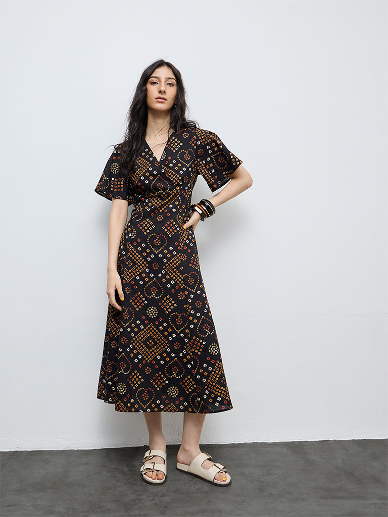 Bombay Paisley Black Printed Cotton A-Line Dress