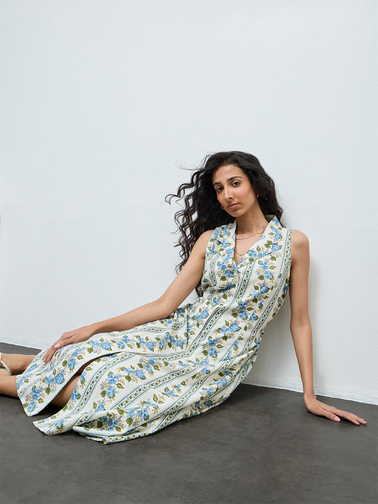 Bombay Paisley Blue Floral Cotton-Blend Shirt Dress