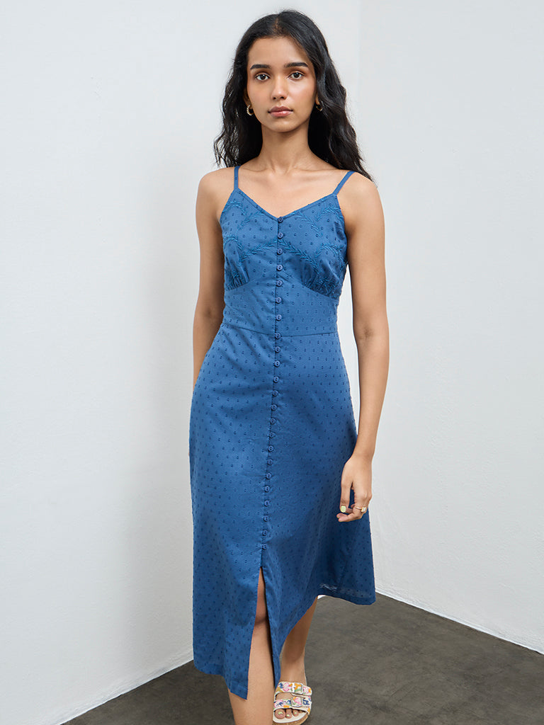 Bombay Paisley Indigo Embroidered Cotton A-Line Dress