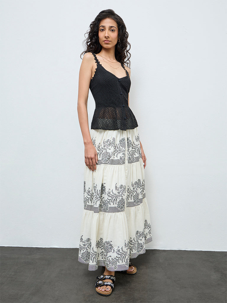 Bombay Paisley Black Crochet-Knit Cotton Peplum Top