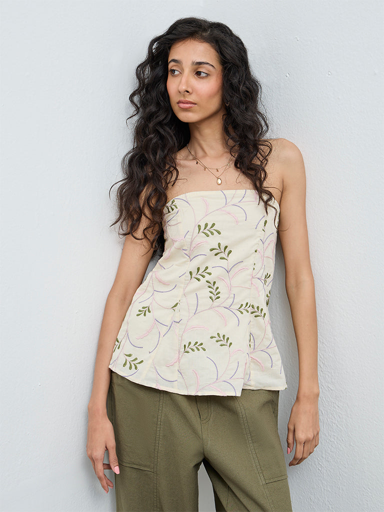 Bombay Paisley Off-White Embroidered Cotton Tube Top