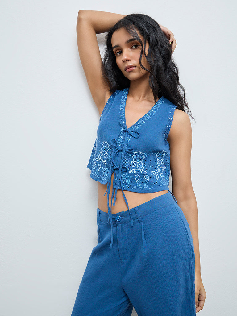 Bombay Paisley Blue Floral Embroidered Cotton-Blend Top