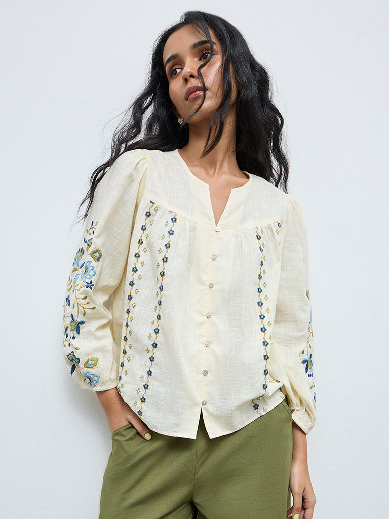 Bombay Paisley Cream Floral Embroidered Cotton Blouse