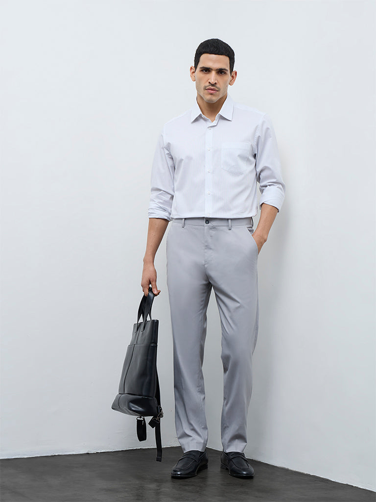 WES Formals Grey Slim-Fit Mid-Rise Trousers