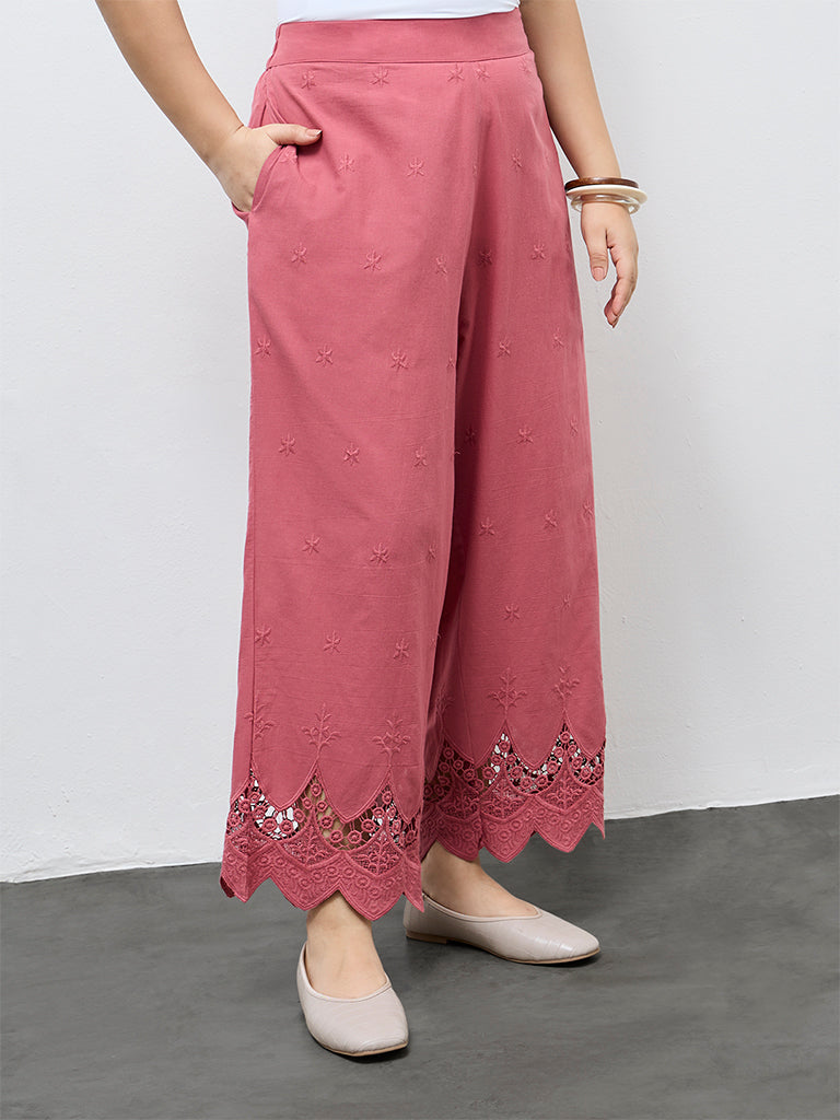 Diza Dusty Pink Embroidered Cotton Pants