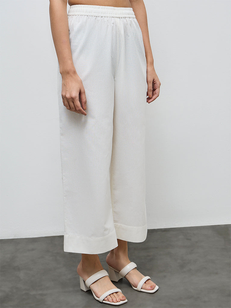 Zuba Off-White Solid Cotton-Blend Pants