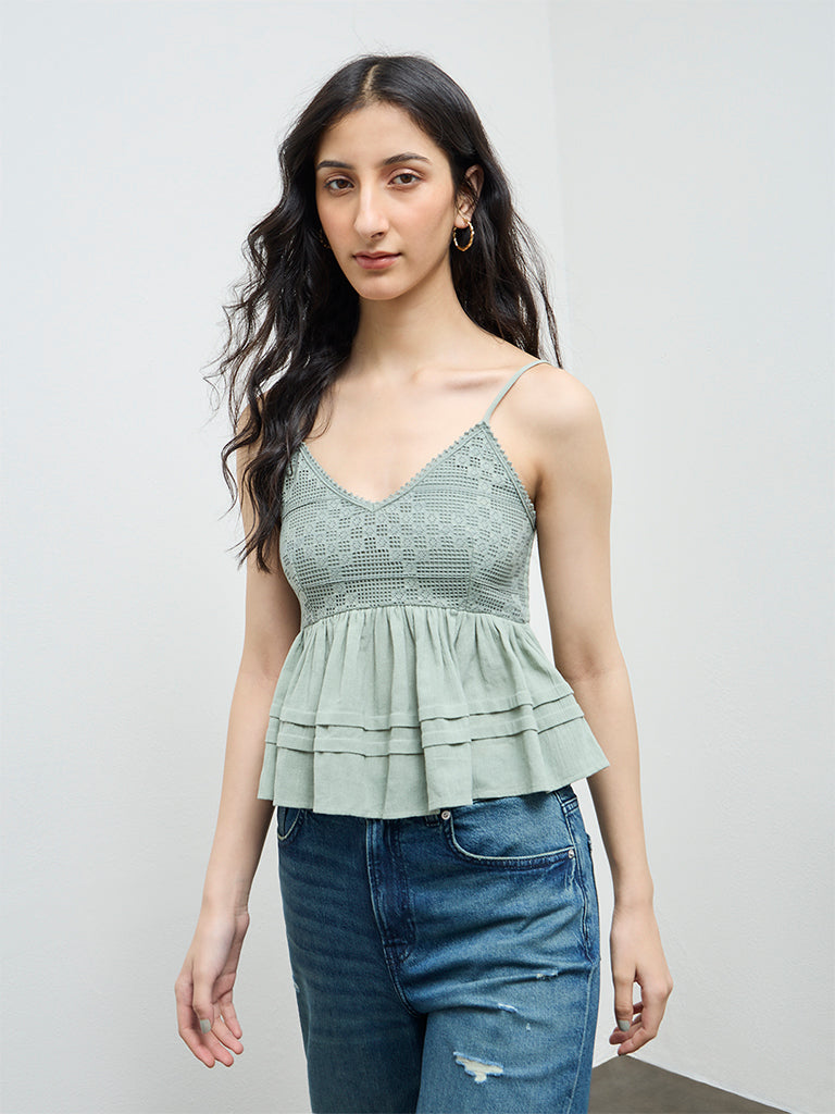 Bombay Paisley Sage Embroidered Cotton Peplum Top