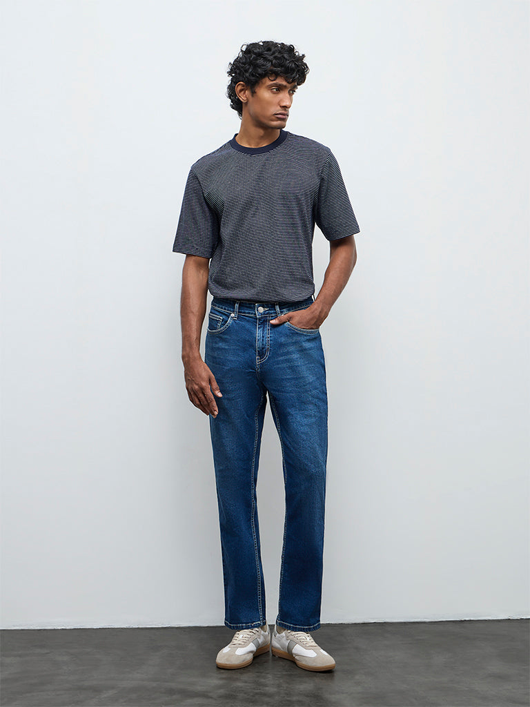 WES Casuals Dark Blue Relaxed Fit Mid-Rise Jeans